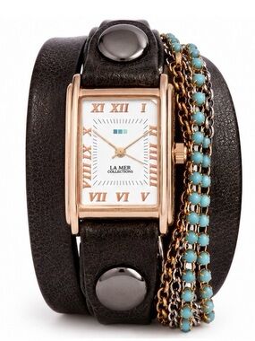 La Mer Collections Brown Leather Wrap Watch with Turquoise Beaded Chain